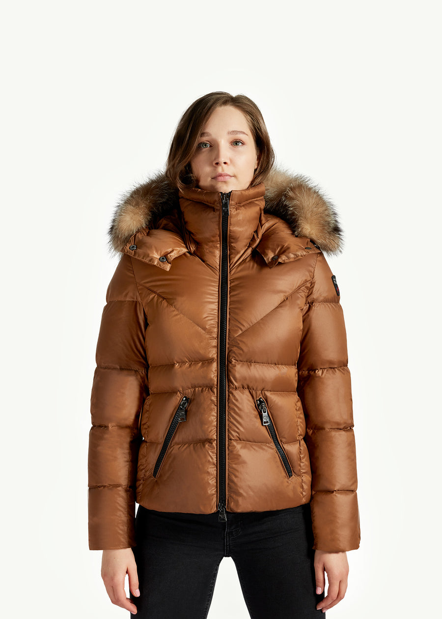 Zyra women's down jacket with detachable fox fur collar, Camel